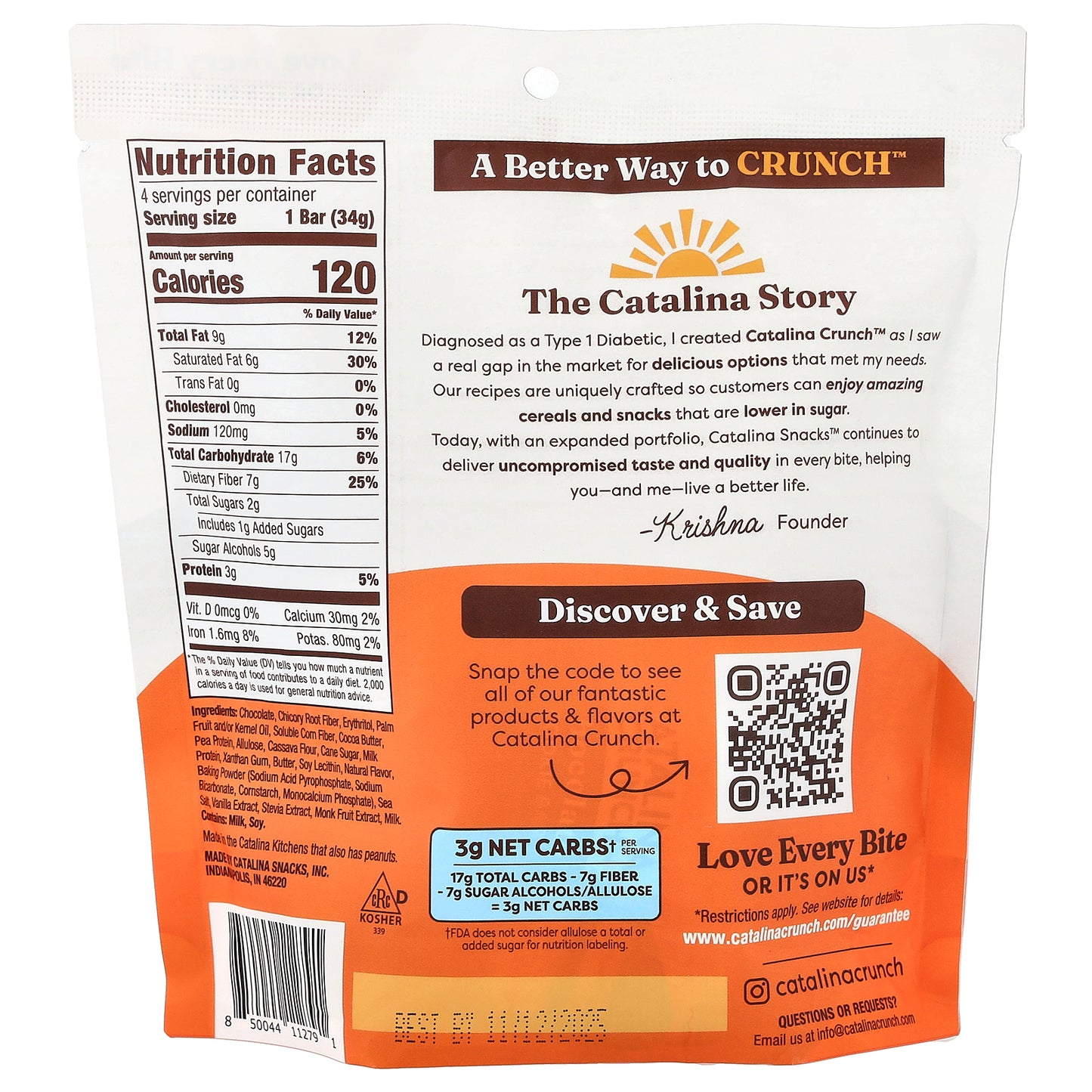 Catalina Crunch, Chocolate Cookie Bar, Sea Salt Caramel, 4 Bars, 1.19 oz (34 g) Each