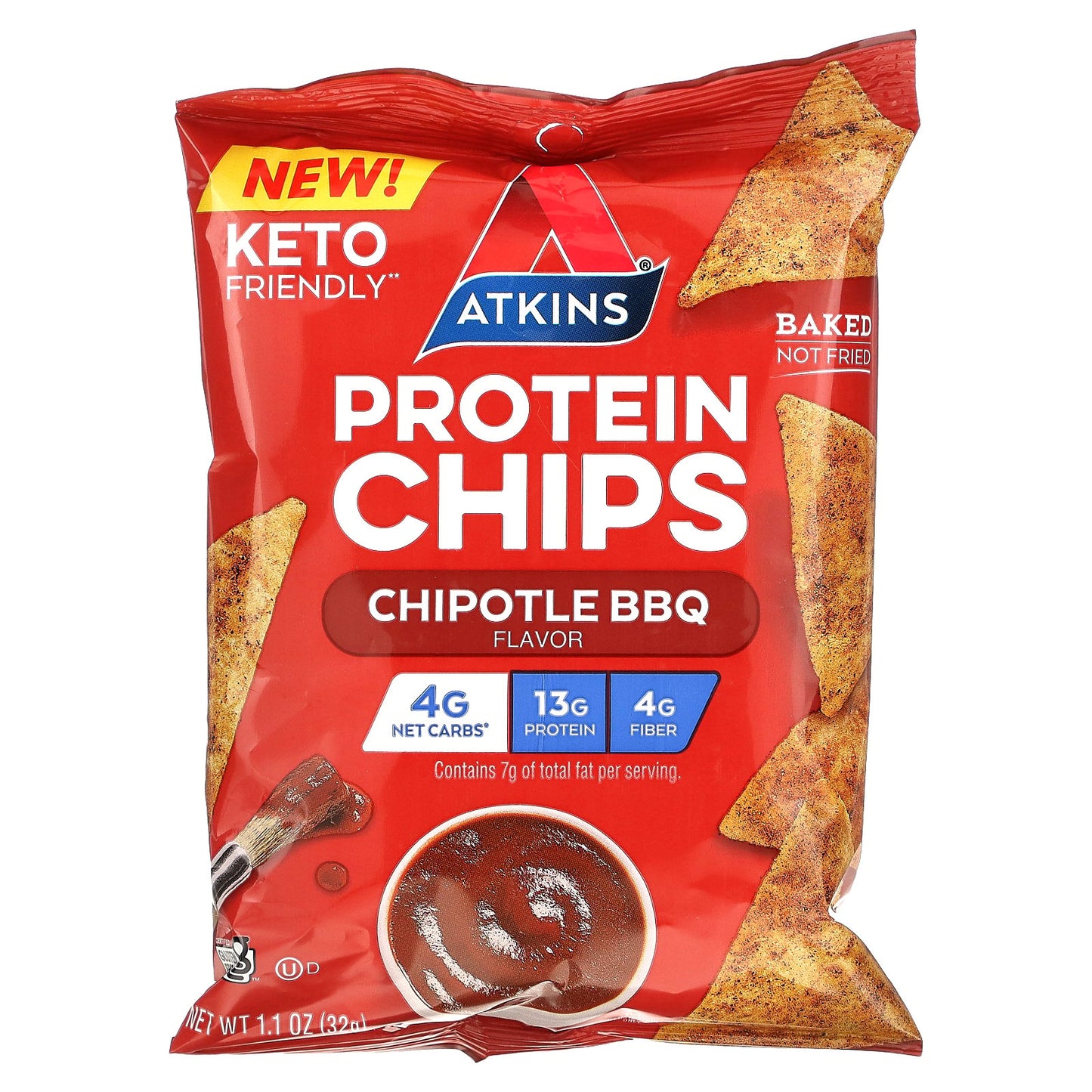 Atkins, Protein Chips, Chipotle BBQ, 8 Bags, 1.1 oz (32 g) Each