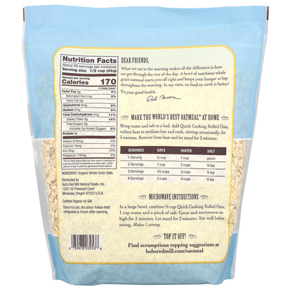 Bob's Red Mill, Organic, Quick Cooking Rolled Oats, Whole Grain, 32 oz (907 g)