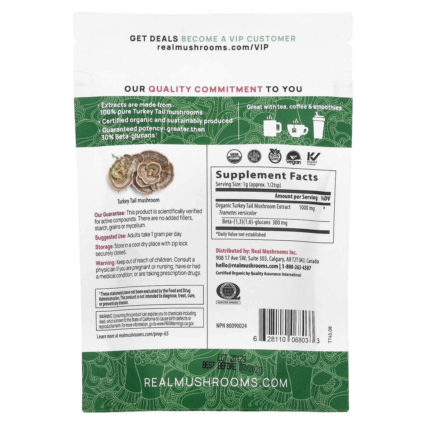 Real Mushrooms, Turkey Tail, Organic Mushroom Extract Powder, 1.59 oz (45 gm)