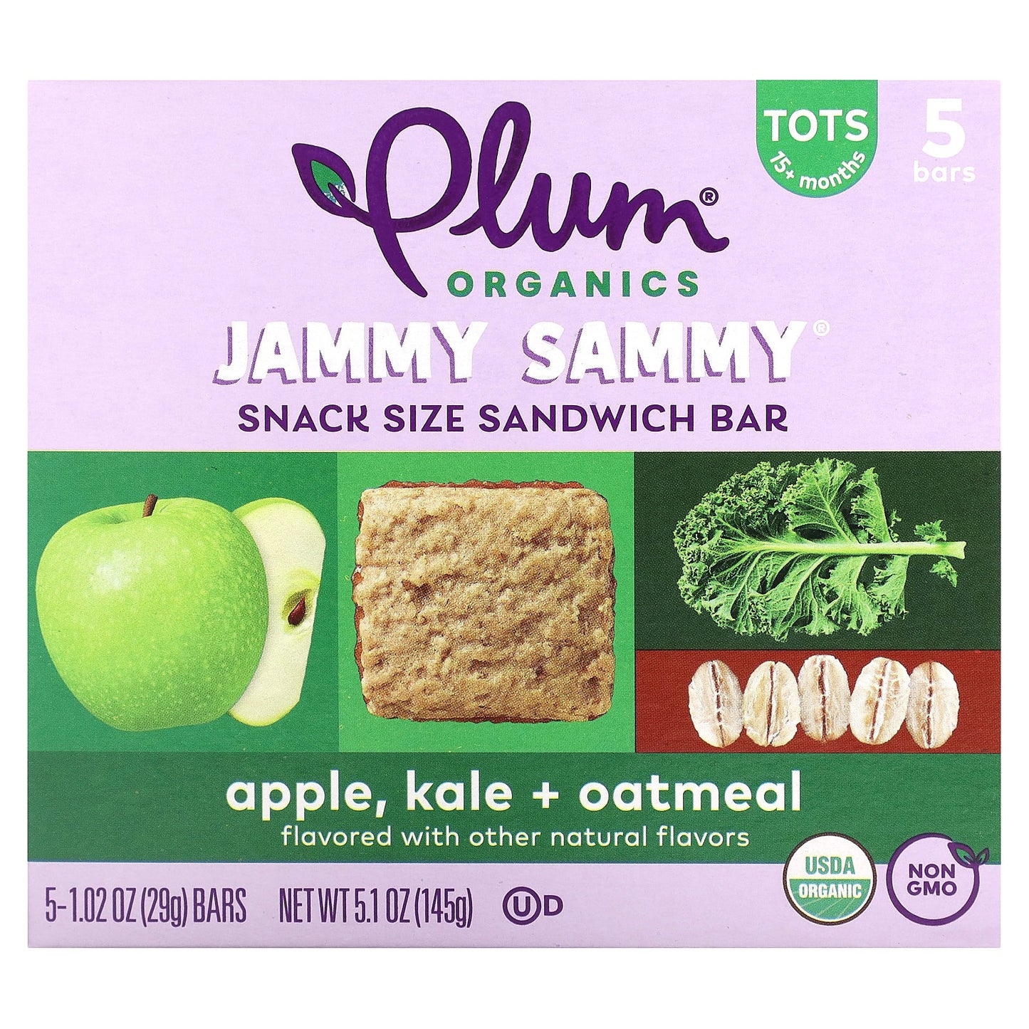 Plum Organics, Jammy Sammy, Snack Size Sandwich Bar, 15 Months and Up, Apple, Kale + Oatmeal, 5 Bars, 1.02 oz (29 g) Each