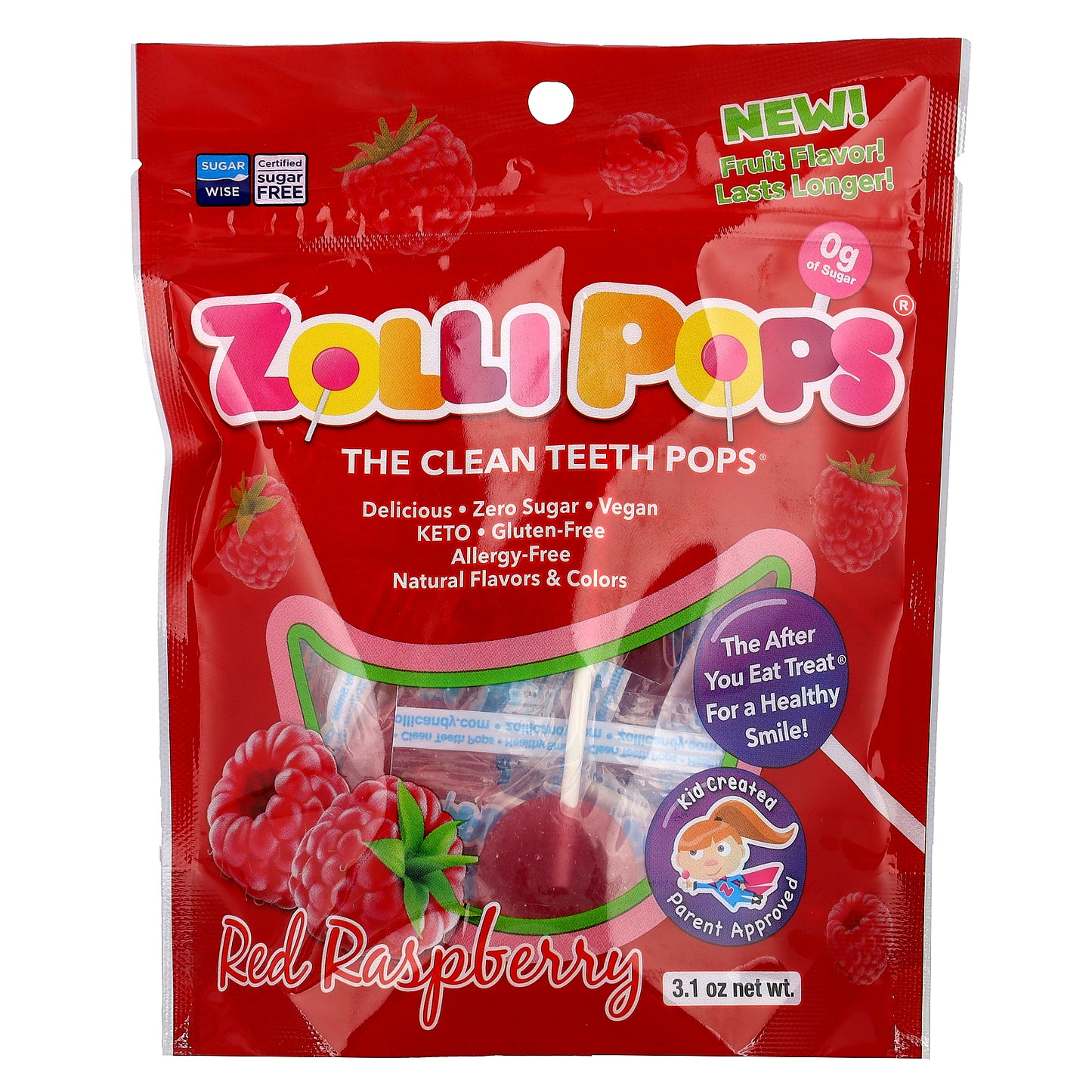 Zollipops, The Clean Teeth Pops®, Red Raspberry, 3.1 oz