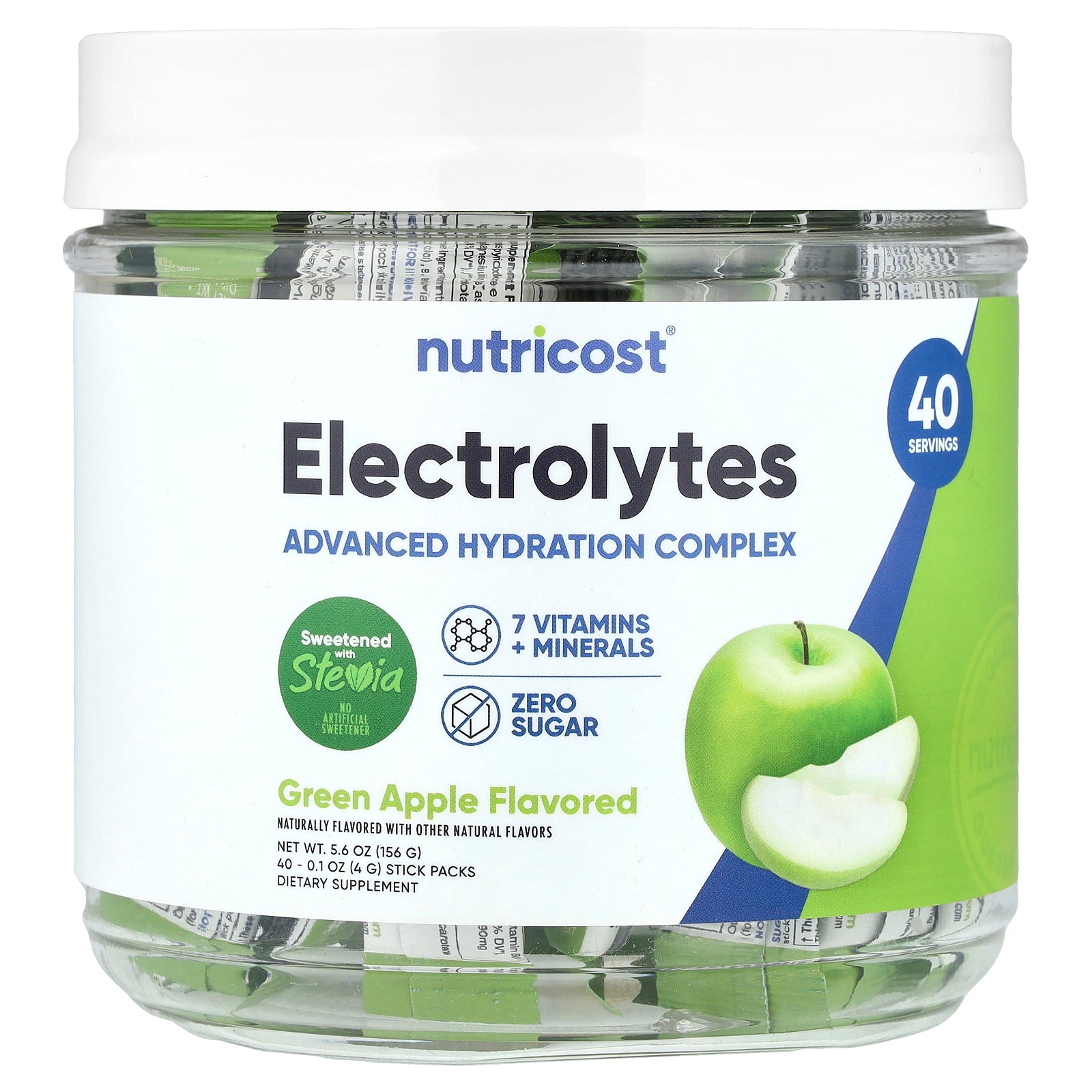 Nutricost, Electrolytes, Advanced Hydration Complex, Green Apple , 40 Stick Packs, 0.1 oz (4 g) Each